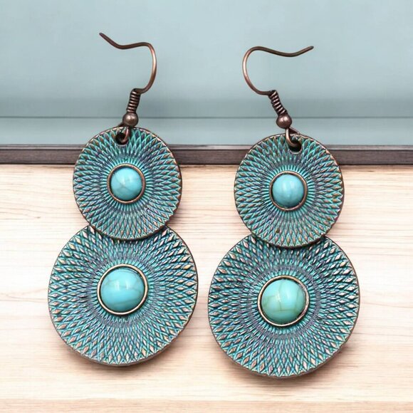 Boho Tribal Style Patina Turquoise Dangle Earrings Gypsy Style Mixed Metal - Picture 3 of 9